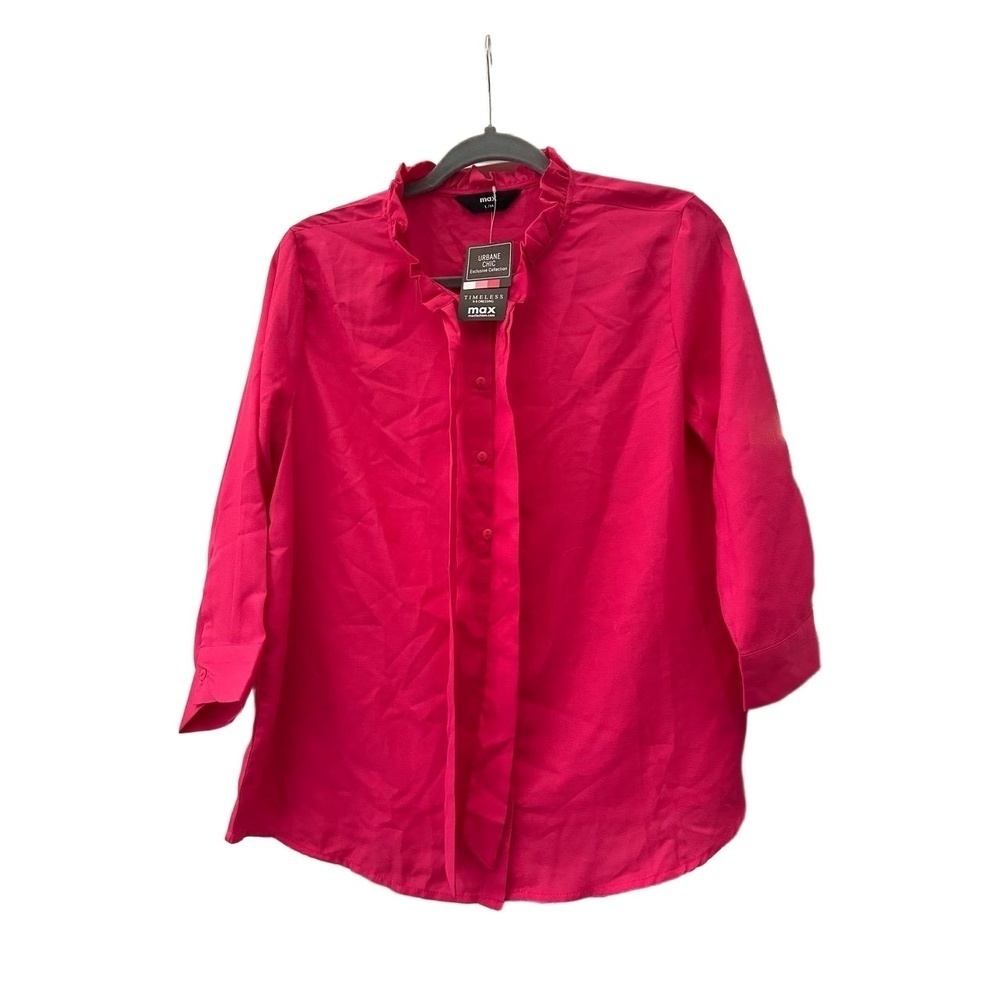 NWT Max Blouse Womens Size L Fuchsia Urbane Chic Ruffled Collar Elegant Modern